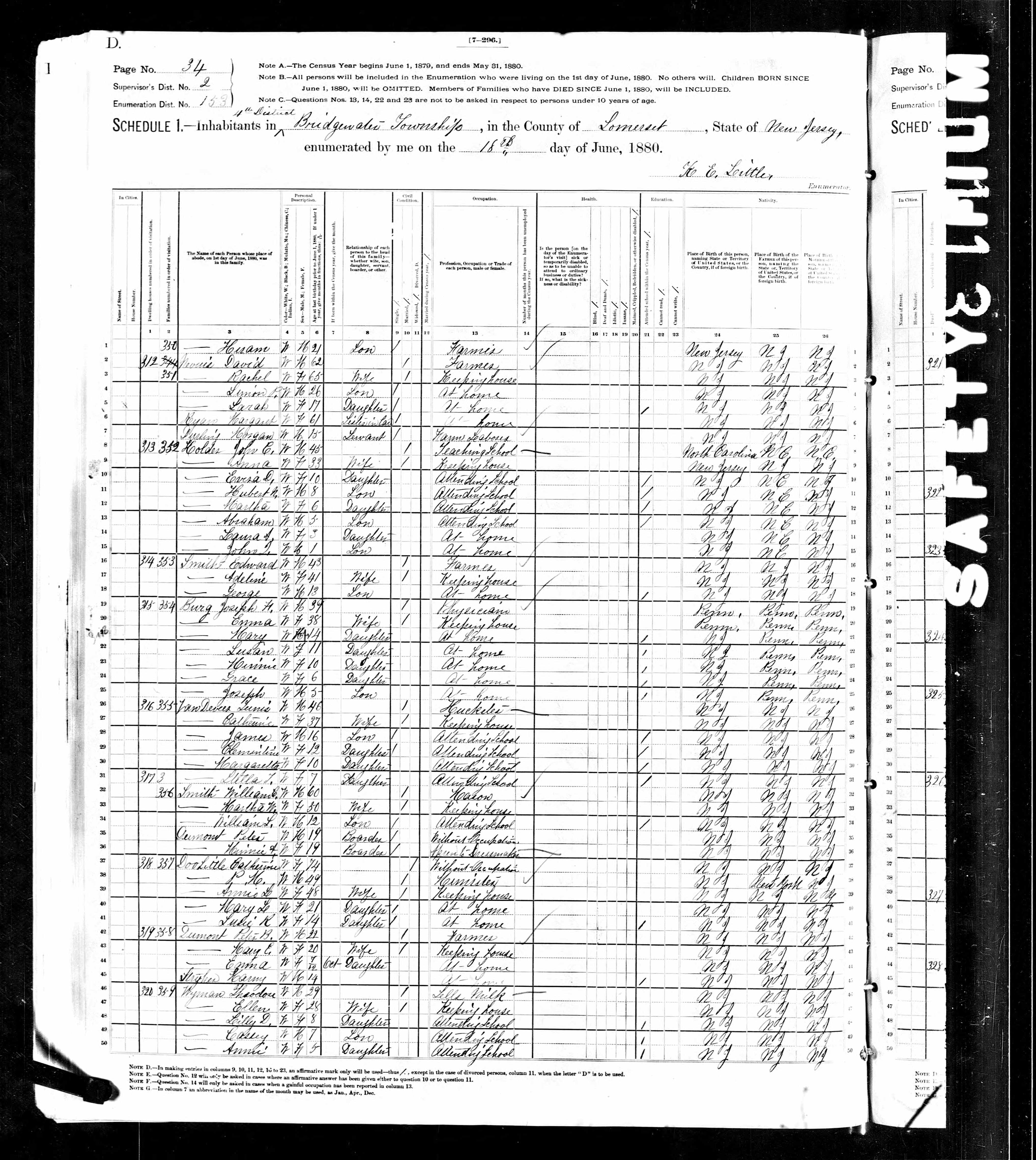 Tunis Van Derveer, 1880 NJ Somerset, Bridgewater Census