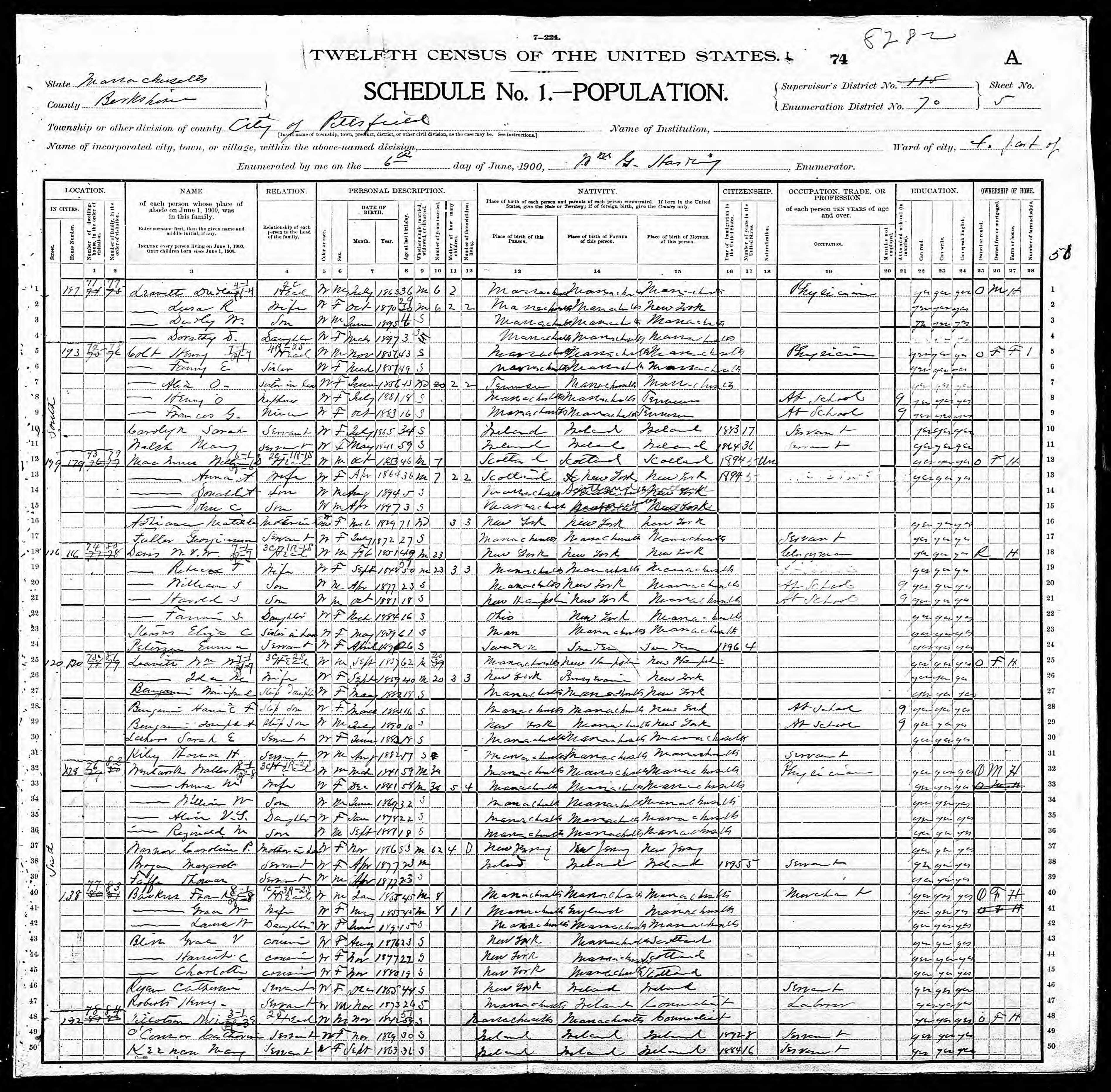 Frank Barkus, 1900 MA Pittsfield Census