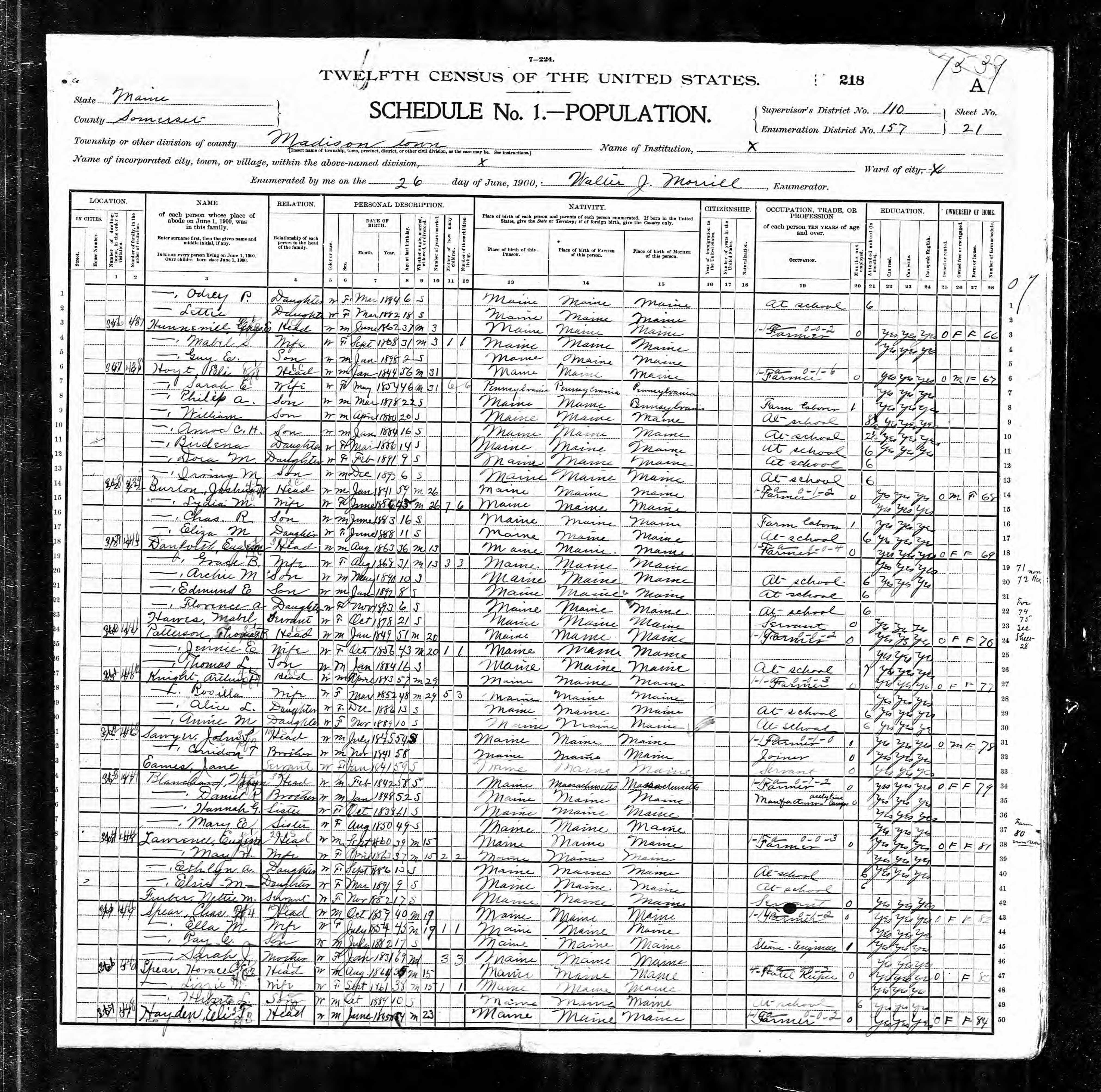 Eli Hoyt, 1900 Maine, Madison Census