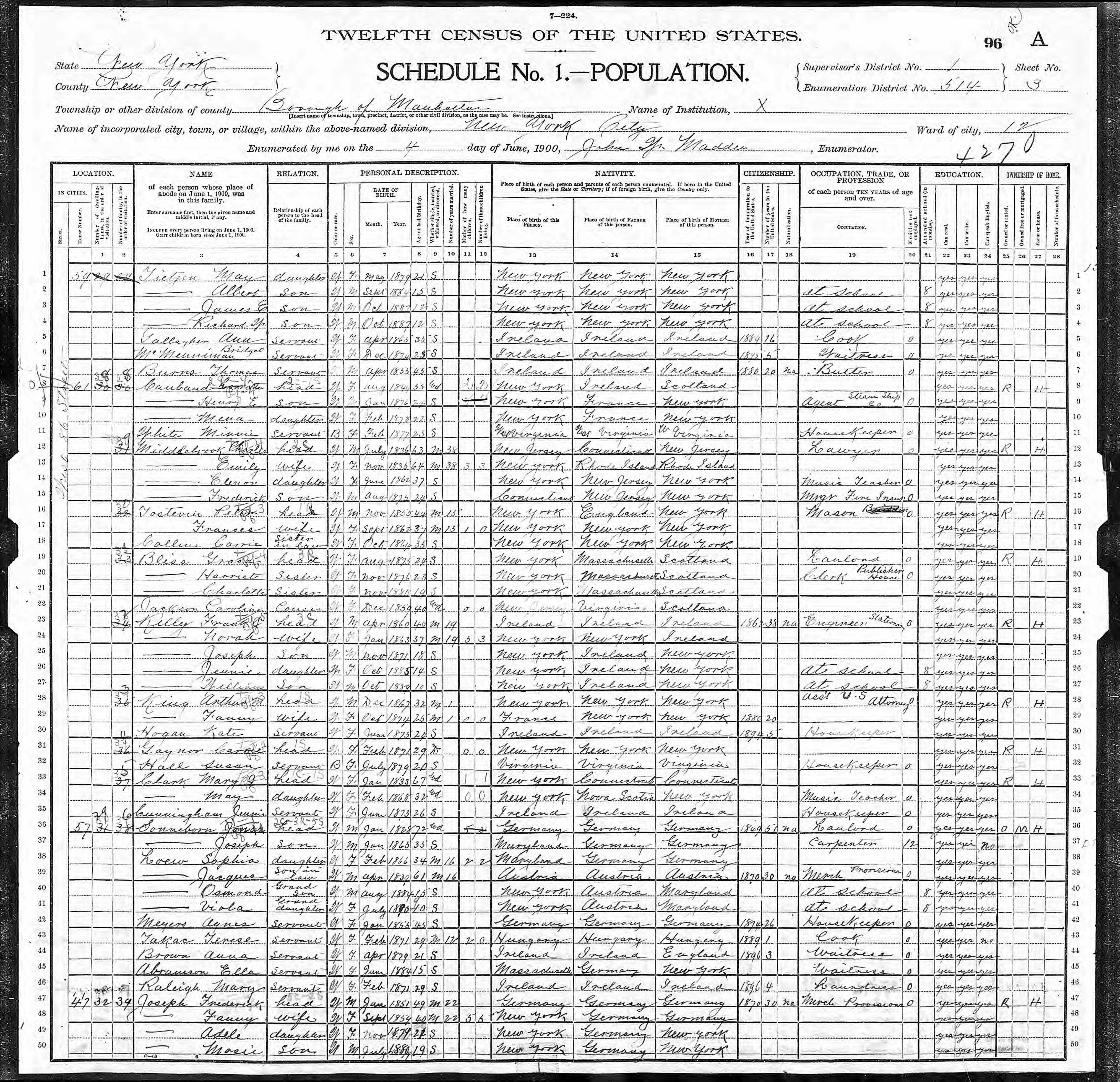 Grace Blisss, NY, Manhatten 1900 Census