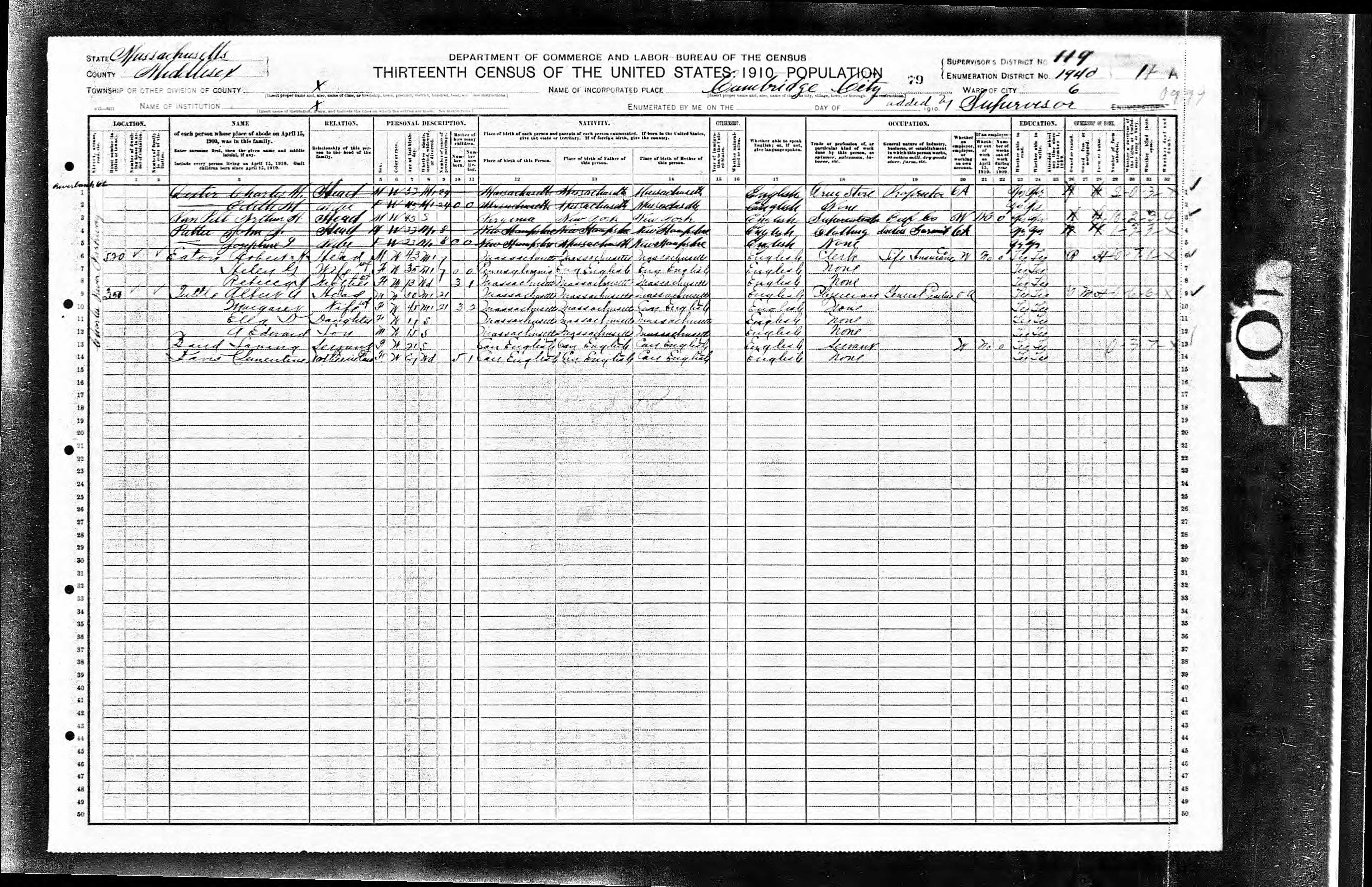 Albert Tuttle, 1910 MA, Cambridge Census