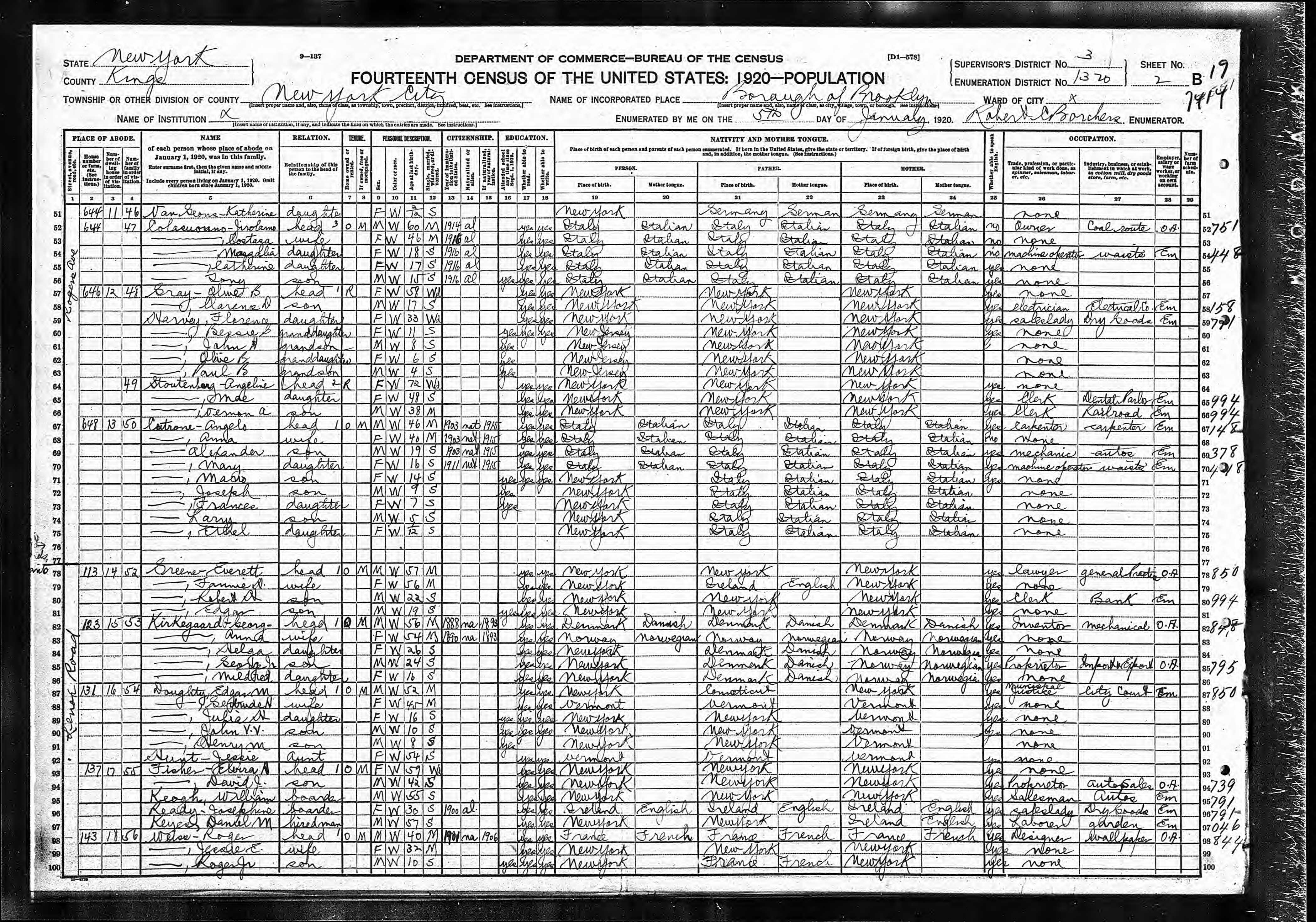 Georg Kirkegaard, 1920 NY Brooklyn Census