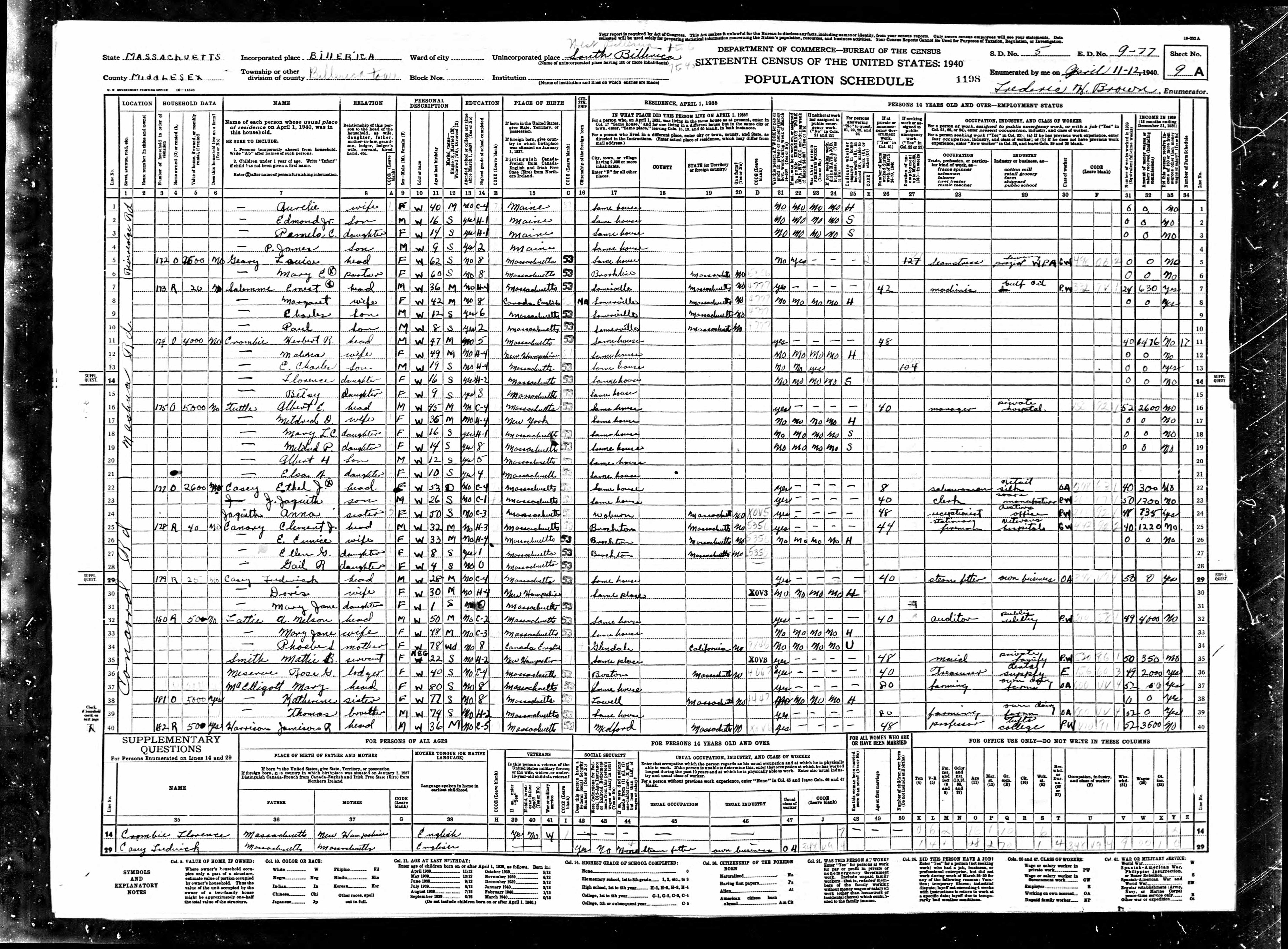 Albert Tuttle, 1940 MA Billerica Census
