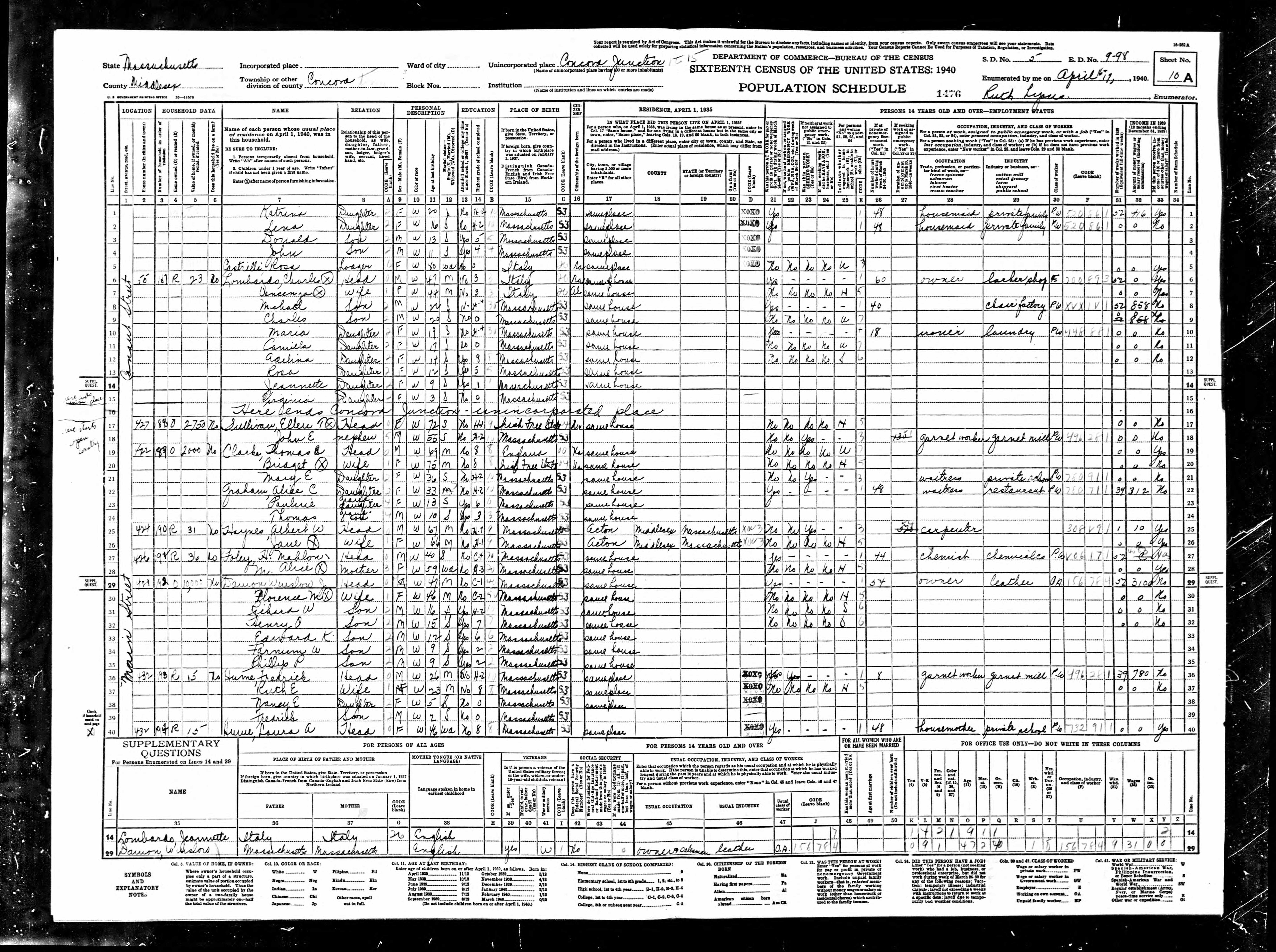 Winslow Johnson, 1940 MA Concord Census