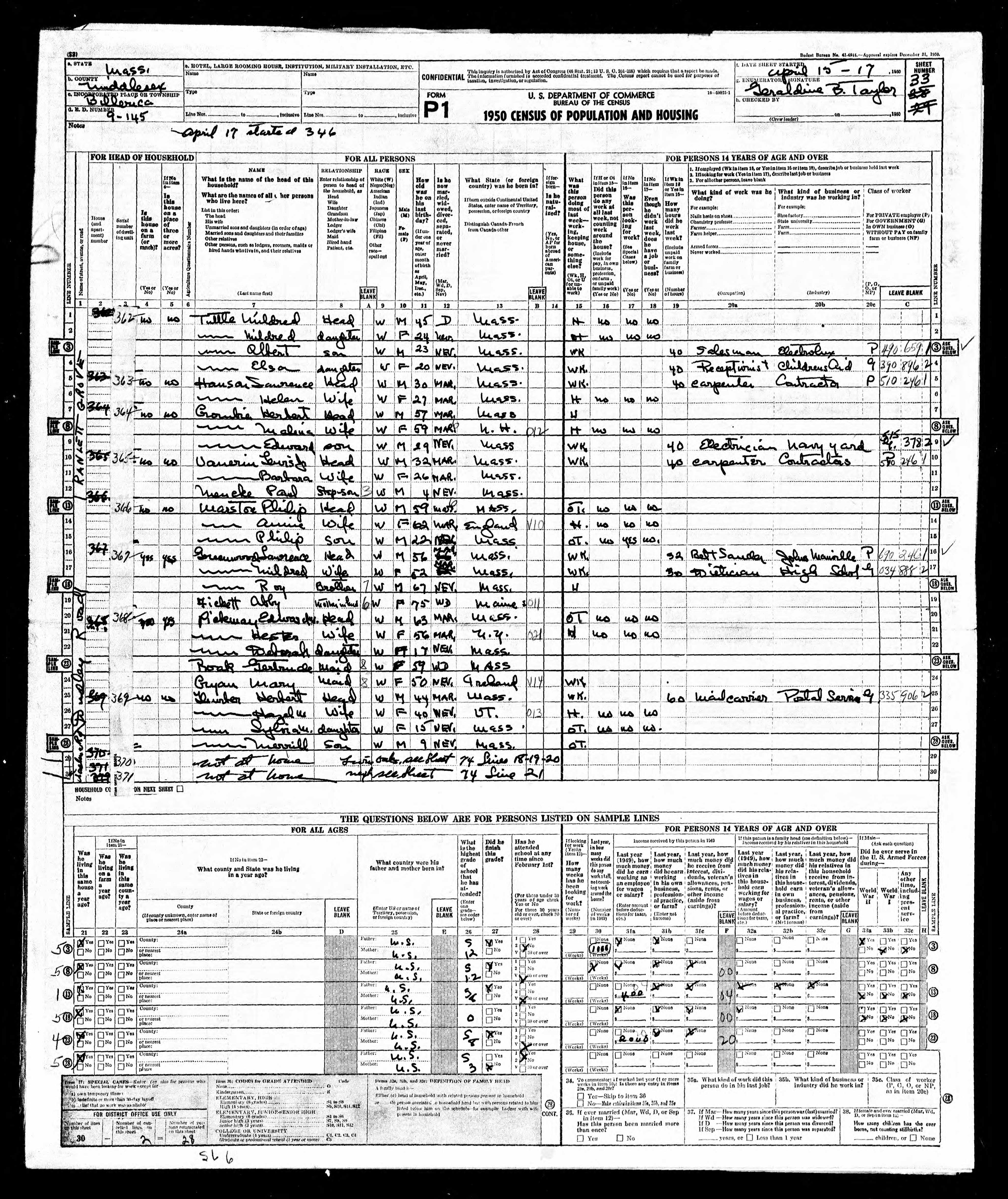 Mildred Tuttle, 1950 MA, Billerica Census