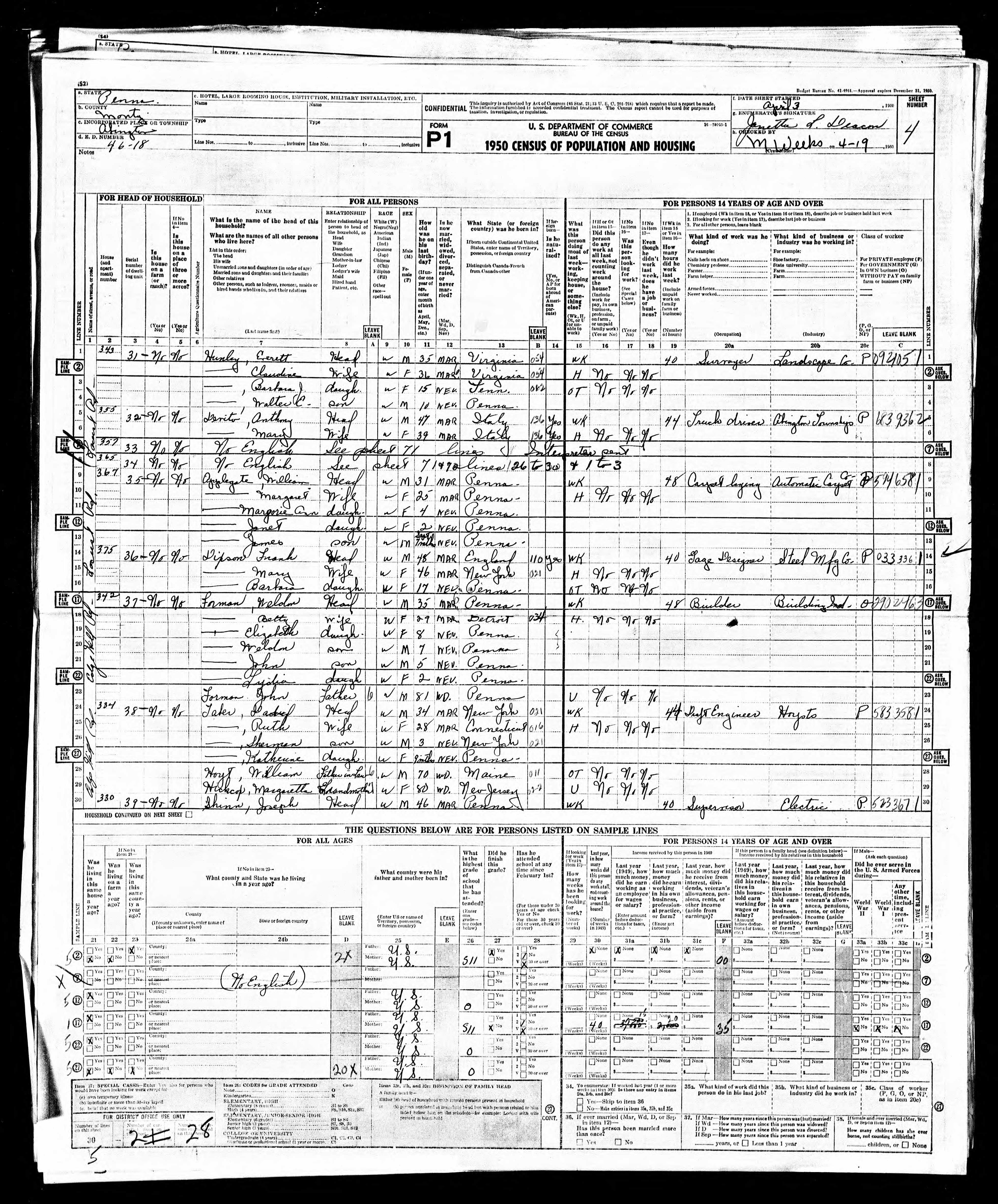David Taber, 1950 PA Abington Censsus